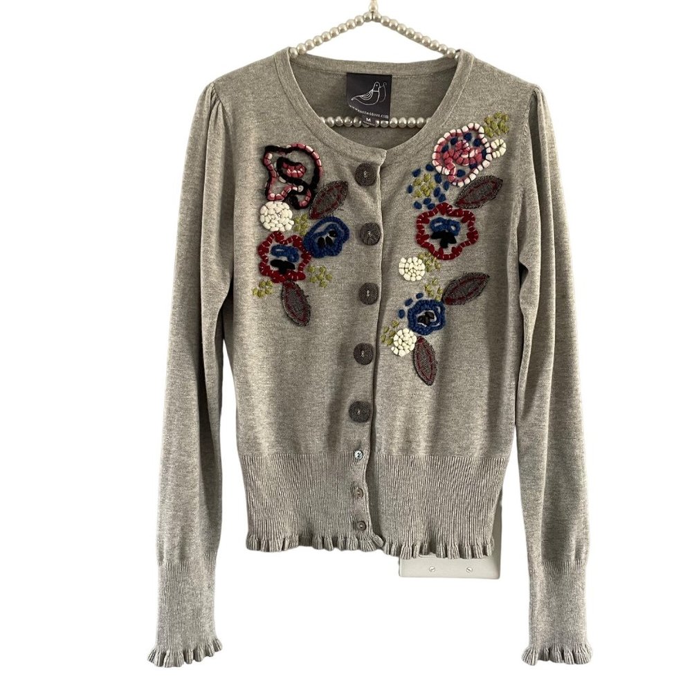 KnittedDove Anthropologie Embroidered Gray Floral Button Down Sweater Cardigan M